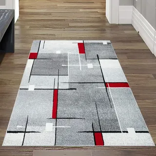 Moderner Teppich mit geometrischem Design in Grau, Weiß und Rot – Wohnzimmerteppich Größe - 80x140 cm - Grau/Rot/Weiß
