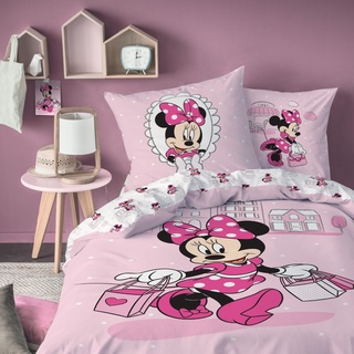 Minnie Maus Flannel/Biber Bettwäsche Bettbezug 135x200 80x80 · Kinderbettwäsche für Mädchen · Disney`s Minnie Mouse · 2 teilig · 1 Kissenbezug 80x80 + 1 Bettbezug 135x200 cm