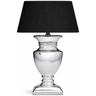 Tischlampe Tischleuchte Keramiklampe 35 cm - Fuß: Silber - Schirm: Schwarz Stoffschirm Nachttischlampe mit Kabelschalter – Platzsparende für Schlafzimmer, Wohnzimmer, Büro – Dekolampe E27 Leselampe