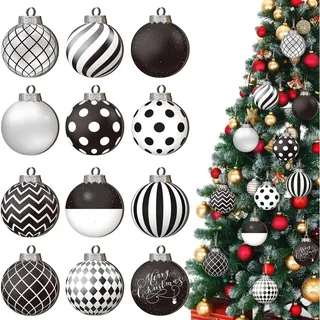 Weihnachtskugeln Holz Set 12 Stück | Schwarz Weiß Winterdeko | Weihnachtsbaumschmuck Hängend | Christbaumkugeln Ornament Weihnachtsdeko Dekoration