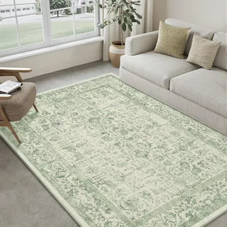 HUGEAR Vintage Grün Waschbarer Teppich Wohnzimmer 150x210cm Retro Rugs for Living Room Weich rutschfest Groß Tepich Kurzflor Schlafzimmer Carpet Living Room Bedroom Esszimmer Teppiche Büro