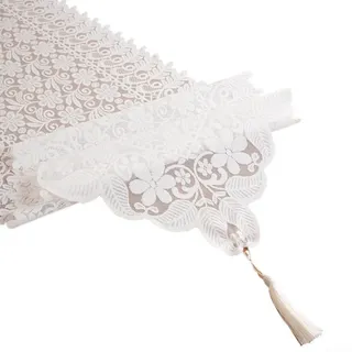 Bestickte Spitzen-Tischflagge mit Rosenstrauß-Muster, geeignet für Esstischdekoration und TV-Schrankabdeckung, Vintage-Quasten verleihen Charme für Feiern und den täglichen Gebrauch (40 x 150 cm)