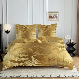 HYSNKSM Bettwäsche 135x200 Gold Bettwäsche Sets 3Teilig Mikrofaser Bettbezug 135 x 200 und 2 Kissenbezug 80x80 cm Kuschelige Bettbezüge Romantische PflanzenbläTter mit Reißverschlusc4085