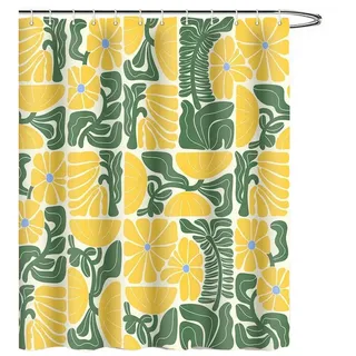 Coonoor Duschvorhang Boho Duschvorhang mit abstraktem, buntem Blumenmuster Breite 180 cm (1-tlg), Vintage Retro Patchwork – Geometrisches Botanisches Design für das Bad gelb|grün