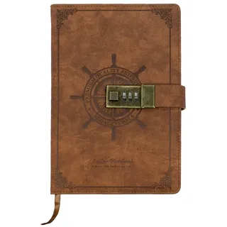 HMF Notizbuch mit Schloss, Tagebuch liniert mit Code, Vintage, Kunstleder, A5, Braun