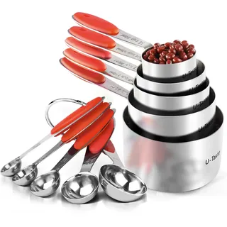 Messbecher: U-Taste 18/8 Edelstahl Messbecher und Messlöffel Set mit 10 Stück, Griff mit Verbesserter Dicke, Amerikanisch (Rot)