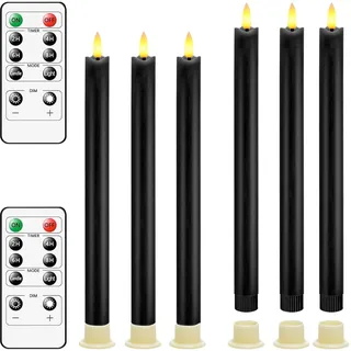 PinnWaa LED Stabkerzen mit Timerfunktion, LED Echtwachskerzen Flackernde Flamme mit 2 Fernbedienung, Kerzen mit Batterie für Weihnachtsdeko, Zimmer Deko, Hochzeit und Party - 6 Pcs - Schwarz