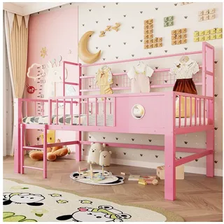 Flieks Kinderbett, Niedriges Hochbett Metallbett 90×200cm mit Netzregal Kleiderstange rosa