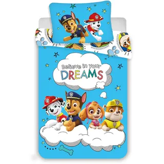 Kinder Baby Bettwäsche Set Paw Patrol Believe in Your Dreams Blau, mit Marshall Rubble Skye und Chase, Bezug Bettdecke 100 x 135 cm, Bezug Kopfkissen 40 x 60 cm, 100% Baumwolle, Jungen und Mädchen