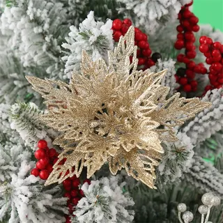 Martin Kench 12 Stück Glitter Weihnachtsbaum Dekoration,Weihnachten Schneeflocken Charms,Weihnachten Blumen Poinsettia Ornament Weihnachten Dekor, Christbaumanhänger (Champagner)