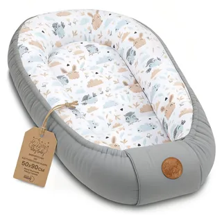 Babynest babynestchen neugeborene 90 x 50 cm baby nestchen tragbar nest für bett kinder kuschelnest coccon für Jungen und Mädchen Eulen Hellgrau