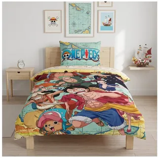 MTOnlinehandel Bettwäsche One Piece Anime 135x200+80x80 cm Ruffy und seine Piratencrew, Microfaser, 2 teilig, Manga, Monkey D. Ruffy, Sanji, Nico Robin, Nami, Tony Tony Chopper blau