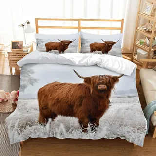 Highland Kuh Bettwäsche 135x200, 3-teilig, Mikrofaser, 2 Kissenbezüge 80x80 | 3D-Digitaldruck, Kuh-Bettwäsche-Set mit Reißverschluss, braunes Highland-Kuh-Motiv für Kinder, Jugendliche und Erwachsene