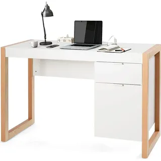 Costway Schreibtisch mit Schubladen & Aufbewahrungsschrank, Computertisch mit Dicker Arbeitstisch Bürotisch studiertisch für Homeoffice Studierzimmer - Weiß