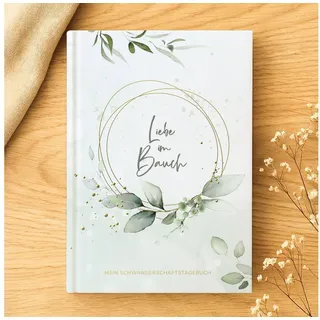 MeinBaby123® Tagebuch Schwangerschaft, Geschenke für Schwangere, Schwangerschafts Journal, Schwangerschaftsbuch "Liebe im Bauch" vergoldet grün
