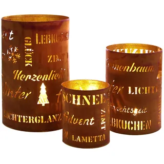Spetebo Metall Weihnachts Windlicht 3er Set 20/15 / 10 cm - Sprüche - Deko Tischlaterne in Rost Optik - Tisch Kerzen Laterne Halter mit Lichtspiel Weihnachten Advent Stimmungslicht