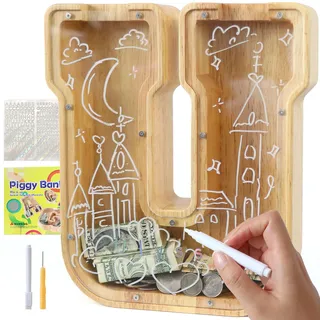 Lakpopya Spardose für Kinder Jungen Mädchen Sparschwein Kinder Spardose Personalisiert Durchsichtig Spardose Buchstabe Holz A-Z mit Zielbereich & Aufkleber & Marker, Taufe Geschenk Dekoration (U)