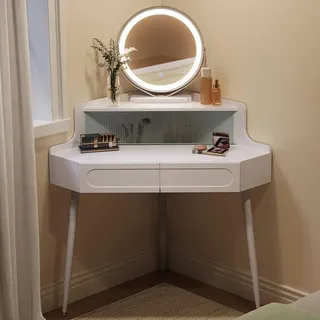 WOLTU Eck Schminktisch mit Spiegel, Beleuchtung, einstellbare Helligkeit, Frisiertisch mit 2 Schubladen, 1 Fach mit Glasfront, moderner Kosmetiktisch, Platzsparend, Weiß, MB6119ws