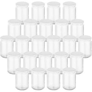 gouveo 24er Set Einmachgläser 350 ml (0,35 l) Einmachgläser 350 ml rund Twist-Off Schraubdeckel weiß aus Metall, Marmeladengläser, Schraubgläser, Vorratsgläser, Gewürzgläser (P24)