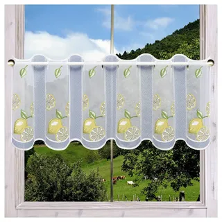 Scheibengardine Zitronen bestickt | Echte Vogtländische Spitze Landhaus Küchengardine & Bistrogardine | Kurzgardine sommerliche-fruchtige Fensterdeko Kurzstore Allzeit-Deko H x B 35 x 75 cm