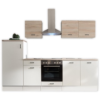Juna Moderne Küchenzeile ohne Elektrogeräte in Weiß Matt, San Remo Eiche Optik - Geräumige Einbauküche mit viel Stauraum - 270 x 195 x 60 cm (B/H/T)