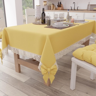 PETTI Artigiani Italiani - Tischdecke, Tischdecke, Küchentischdecke, rechteckige Tischdecke mit Sangalla-Spitze und Schleifen, Tischdecke einfarbig aus Baumwolle, 12-Sitzer (140 x 240 cm) Gelb