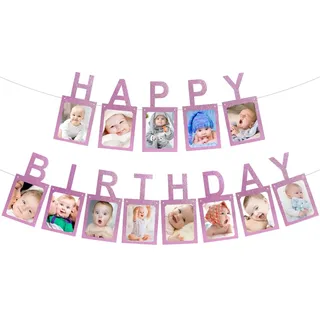 Happy Birthday Foto Girlande, Fotogirlande Geburtstag, Hängende Rosa Foto Wanddekoration für Party Dekor Mädchen Jungen Heilige Kommunion Party