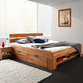 Elfo Bett Futonbett Kernbuche-massiv geölt 180 x 200 cm inkl. 4 Bettkasten auf Rollen und Fußteilregal Sofie