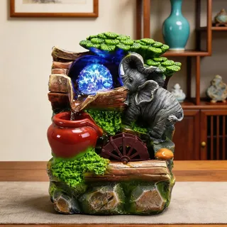 Zimmerbrunnen, Tischbrunnen mit Rollender Kugel Zimmerbrunnen Wasserfall Zimmer Brunnen Polyresin Elefant Pflanzen Wasserfall Brunnen für Schlafzimmer Wohnzimmer Studie 20x15x10cm