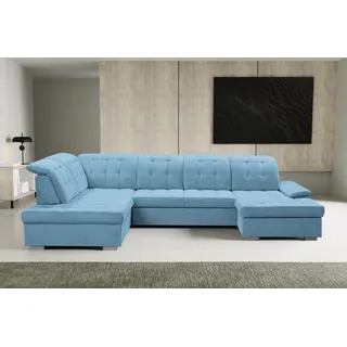 werk2 Wohnlandschaft WERK2 "Kordula-New Multifunktion Couch, Breite 332cm, bequem, U-Form", blau (hellblau), B:332cm H:105cm T:217cm, 95% Polyester, 5% Nylon, Sofas, Wohnlandschaft, Sofa in U-Form mit Schlaffunktion & Bettkasten, Schlafcouch