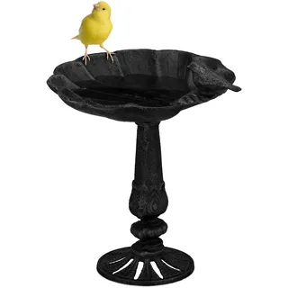 Relaxdays Vogeltränke, stehend, Vogelbad aus Gusseisen, winterfest, Wasserschale mit Ständer, Vogelbecken, schwarz, 1 Stück