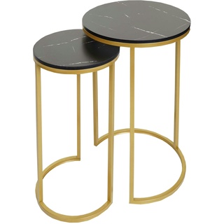 Mendler 2er-Set Beistelltisch HWC-K46, Kaffeetisch Nachttisch Loungetisch, Marmor-Optik MVG-zertifiziert MDF ~ schwarz-gold