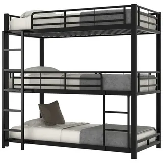 SOFTWEARY Etagenbett mit 3 Schlafgelegenheiten und Lattenrost (90x200 cm), Metallbett mit Rausfallschutz und Leiter schwarz 90 cm x 204 cm x 194 cm