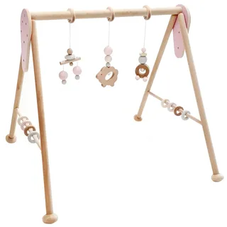 HESS SINCE 1990 - Spielbogen Baby Holz, Spieltrapez Schaf Rosa, Rasseln Figuren, Handgefertigt, Baby Gym ab 0, Made in Germany