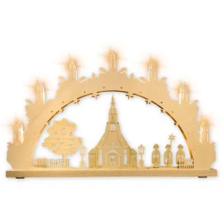 WEIGLA - Schwibbogen original Erzgebirge I Lichterbogen Weihnachten I Motiv Seiffener Kirche I 7 Lampenkerzen + 1 Ersatzlampe I 7 x 34 V, 3 W, E10 I beleuchtete Weihnachtsdeko