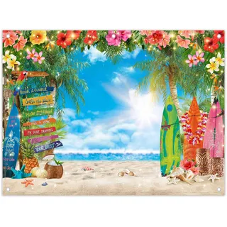 Luminora 2,4x1,8 m Hintergrund Hawaii Strand tropisch Sonne Aloha Sommer | Polyester-Stoff, Palmenblatt-Surfbrett Hintergrund, Kinder Familien Partyzubehör, Banner Dekorationen, Outdoor Fotokabine