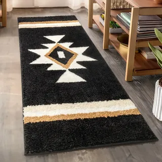 TANVILL Boho-Badezimmerteppich, Läufer, schwarz, Azteken-Badematte, rutschfest, lang, weich, saugfähig, große Bodenmatte für Badezimmer, Eingangsbereich, Dusche, 61 x 129 cm