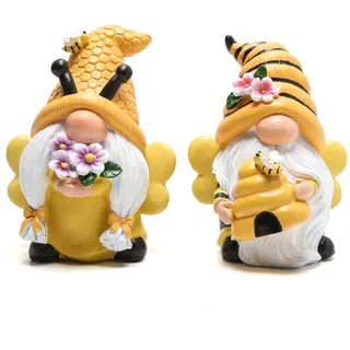 Hodao Bienenzwerge Set von 2 – Honigbienentag Harzstatuen, Sommer-Frühlingswichtel, Figuren Dekor für Zuhause, Küche, gestuftes Tablett, niedliche Hummel, Dekorationen für Tisch, Büro, Garten, Regal