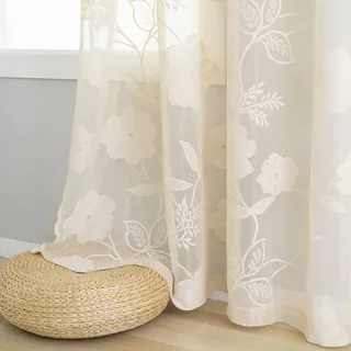 Beige Spitze Sheer Vorhänge 137,2 cm Rose Strick Floral Vintage Spitze bestickte Vorhänge für Wohnzimmer Schlafzimmer Fenster Privatsphäre Country Chic Retro Blatt halbtransparente Vorhänge