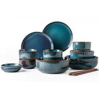 Cakunmik Steingut Geschirr Set, Modern Teller Set,Keramik Tafelservice Speiseteller, Vintage Geschirr Bunt,fine Porcelain Crockery, Blue Dinner Plates