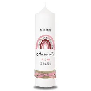 VILLA ROSA LOTTA - Personalisierbare Taufkerze Kommunionkerze "Antonella" mit Wunschdaten und Rückseite I Regenbogen Rosa I 25 cm x 7 cm I Taufkerzen für Jungen und Mädchen I Farbe elfenbein weiß