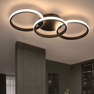 MH Deckenlampe Schwarz LED Deckenleuchte Wohnzimmer - Deckenlampe Flur Modern Design mit 3 Metall Ringe 3000K Warmweiße Küchenlampe 36W