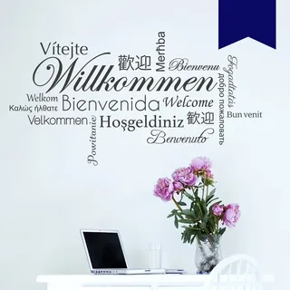 WANDKINGS Wandtattoo - Willkommen in verschiedenen Sprachen - 100 x 54 cm - Dunkelblau - Wähle aus 5 Größen & 35 Farben