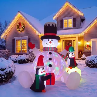 HAUSPROFI Aufblasbarer Schneemann 210 cm mit LED & Buntem Drehlicht, XXL Weihnachtsdeko für Außen & Innen, inkl. Gebläse & Befestigung - Weiß