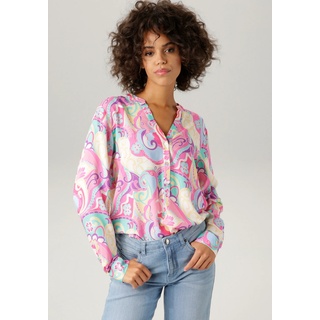 Schlupfbluse ANISTON CASUAL Gr. 48, bunt (pink, hellpink, rosa, weiß, hellblau, gelb, lila grün) Damen Blusen Longblusen mit graphischem Druck in 2 Farbkombinationen
