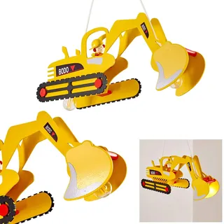 Pendelleuchte Bagger, gelbe Hängelampe aus Holz für das Kinderzimmer, 2 x E27 max. 40 Watt, Flugzeug Hängeleuchte mehrfarbig, auch geeignet für LED Leuchtmittel
