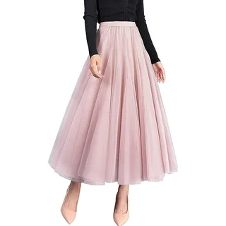 Geagodelia Tüllrock Damen Elegant Weiche Lange Sommerrock Maxirock Vintage Tütü Tüll Rock One Size 36/38/40 F-46925 (Pink) - 36-40