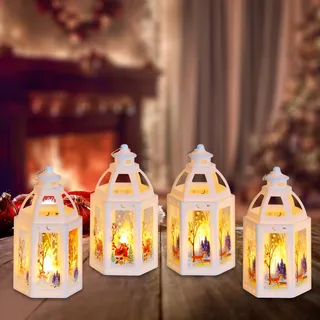 Skeadex 4 Stück LED Laterne Weihnachten, Weihnachtslaterne mit LED, Weihnachtskerzen Flammenlose, Weihnachten Elch Wichtel Schneemann Laterne Batteriebetrieben 13x7cm, für Garden Outdoor Party Dekorat