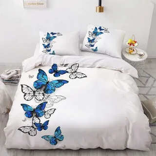 Luowei Schmetterling Bettwäsche 155x220cm Blau Weiß Butterfly Muster Bettbezug Set Microfaser Wendebettwäsche mit Reißverschluss und 2 Kissenbezüge 80 x 80 cm