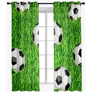 Odot Transparent Gardinen mit Ösen Schlaufen, Fußball Druck Vorhänge Voile Sheer Vorhang Dekoschal Fensterschal Ösenvorhang für Wohnzimmer Fenster 2er Set (Grün,80x115cm)